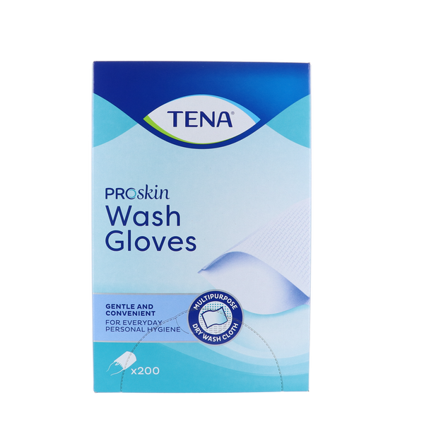 TENA Proskin Wash Glove, 200 stuks, geschikt voor zachte en hygiënische lichaamsverzorging van kwetsbare en oudere personen.