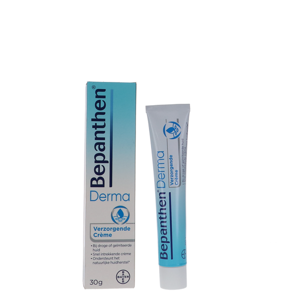 Bepanthen Creme Tube 30g voor gevoelige en geïrriteerde huid, geschikt voor alle huidtypen.