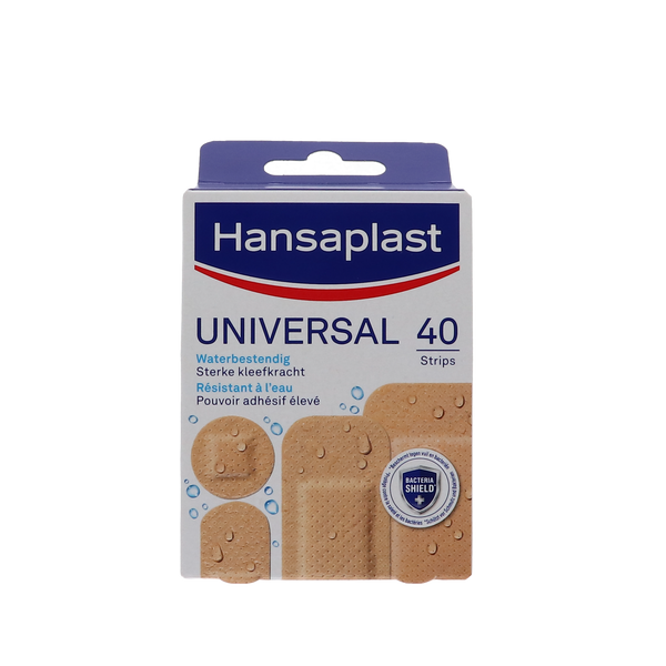 Hansaplast Universal Strips, waterafstotende en ademende pleisters voor kleine wondjes, verpakking van 40 stuks.