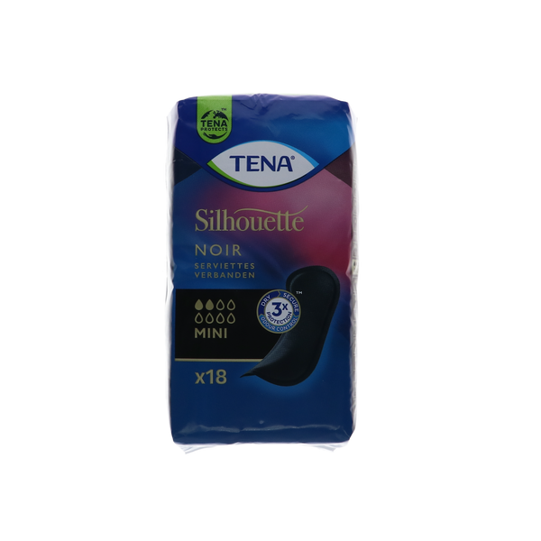 TENA Silhouette Noir Mini Pads, verpakking van 18 stuks, zwart, ontworpen voor lichte incontinentie.