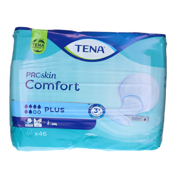 Tena Comfort Plus verpakking met 46 stuks inleggers voor urineverlies, hoog absorptievermogen en FeelDry-technologie.