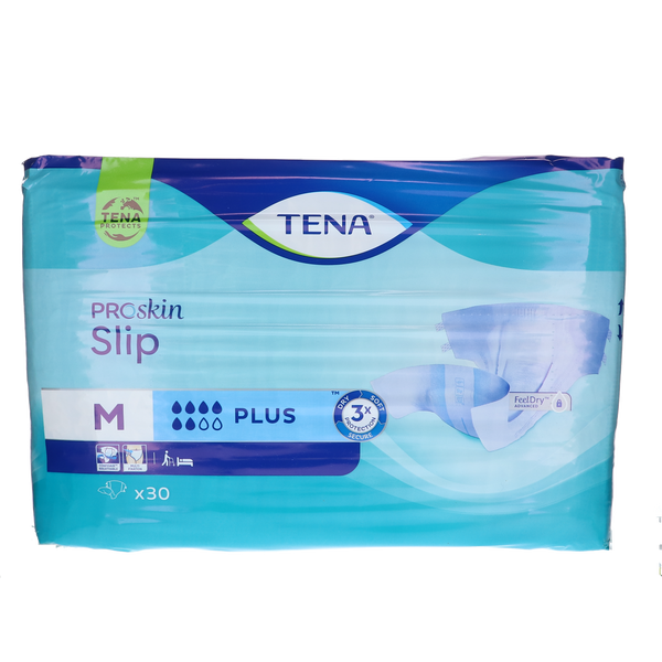 Tena Slip plus Maat M verpakking met 30 stuks in een zachte, katoengevoelige stof.