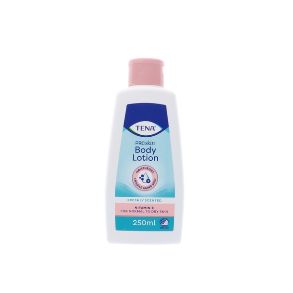 Tena Body Lotion fles van 250 ml, speciaal voor hydratatie en verzorging van alle huidtypen, snel absorberend en niet vet.