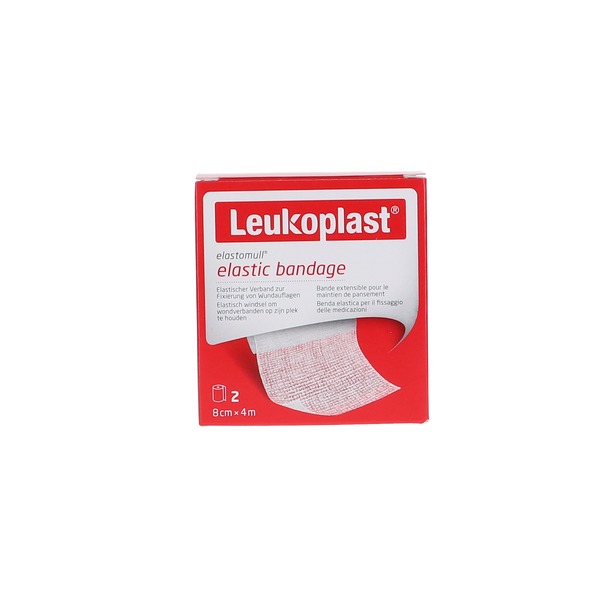 Elastische en ademende zwachtel van Leukoplast, 8 cm breed en 4 m lang, verpakt per 2 stuks