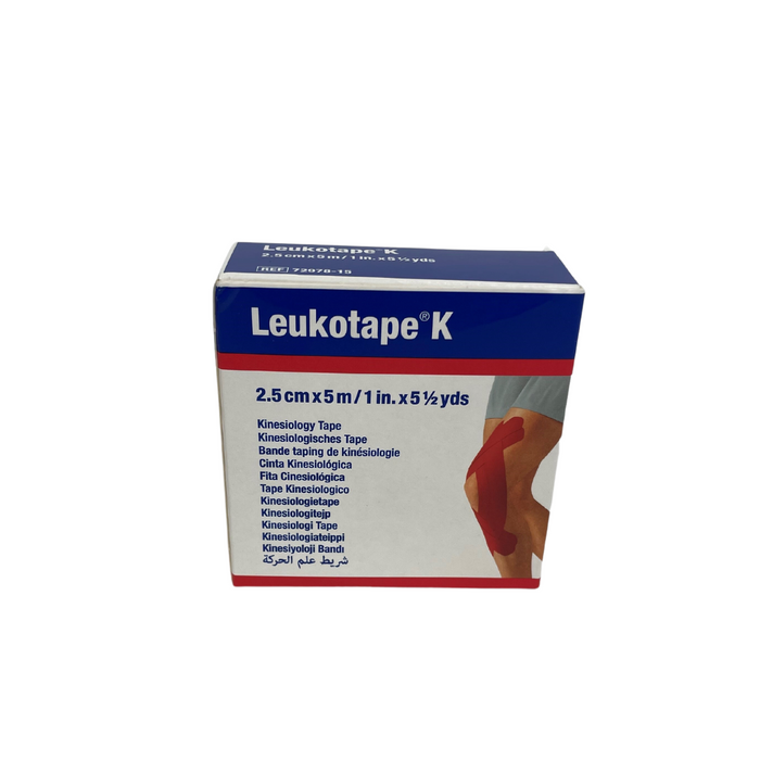 Leukotape Elastisch Kleefverband Rood, 2,5cm x 5m, ondersteuning en stabilisatie van gewrichten en spieren.