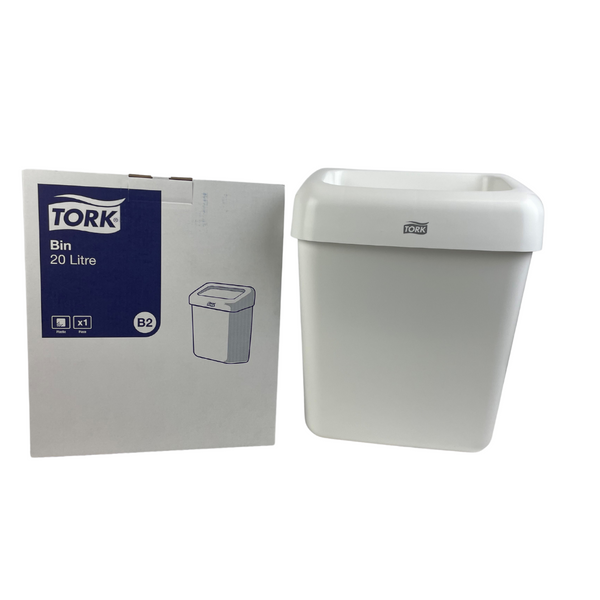Witte Tork afvalbak 20 liter, kunststof, geschikt voor Tork B2-systeem, ideaal voor drukbezochte ruimtes.