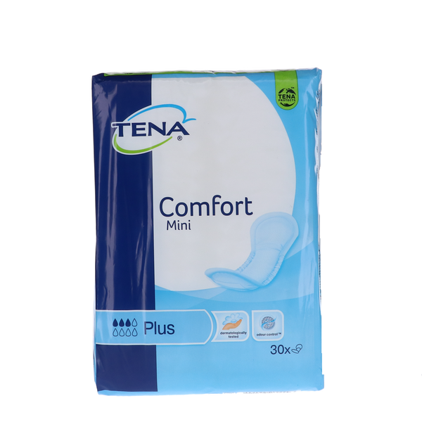 Tena Comfort mini plus inleggers, verpakking van 30 stuks, voor lichte tot matige incontinentie, met anatomische pasvorm.