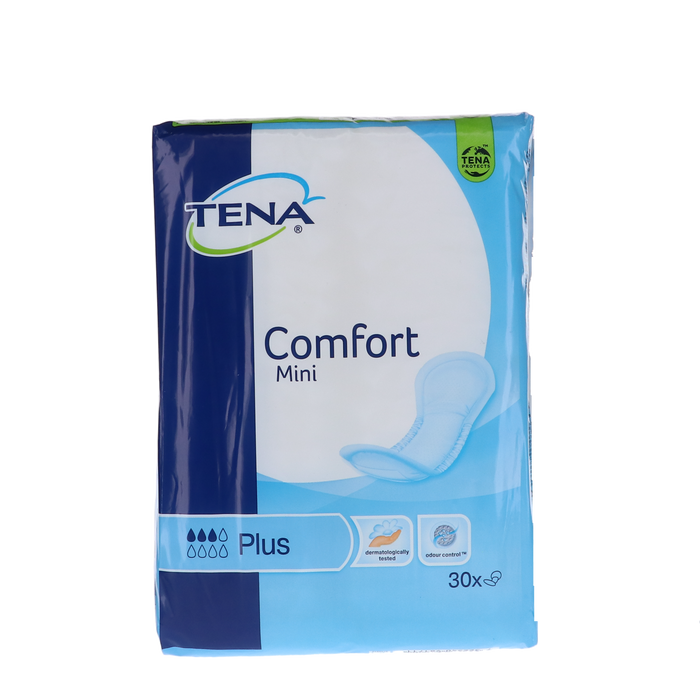 Tena Comfort mini plus inleggers, verpakking van 30 stuks, voor lichte tot matige incontinentie, met anatomische pasvorm.