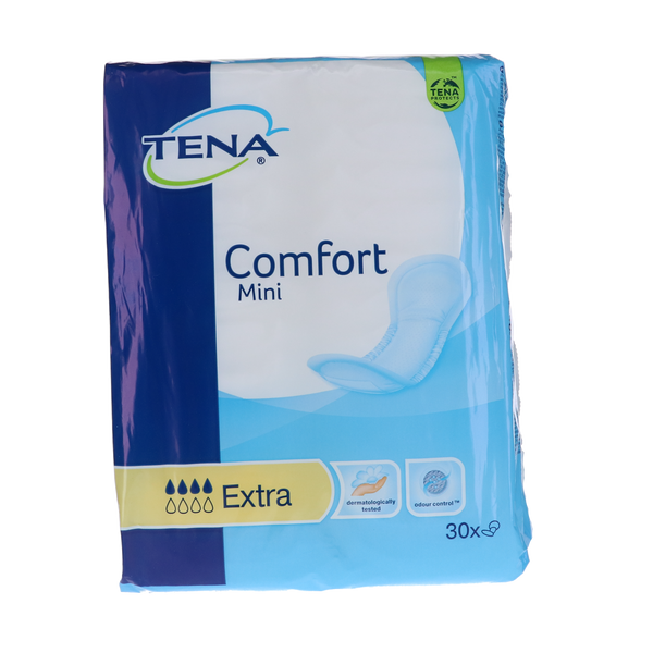 Tena Comfort mini extra verpakking, 30 stuks, voor lichte tot matige incontinentie met drievoudige bescherming.