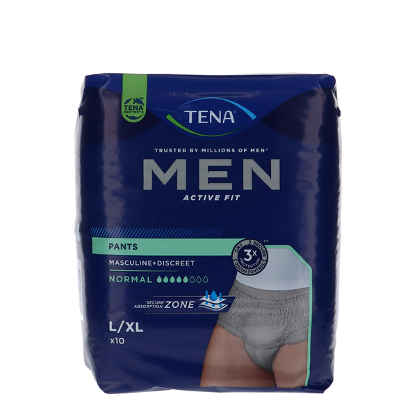 Incontinentiebroekjes voor mannen TENA Men Pants Normal, maat L/XL, elastisch en ademend materiaal, verpakking van 10 stuks.