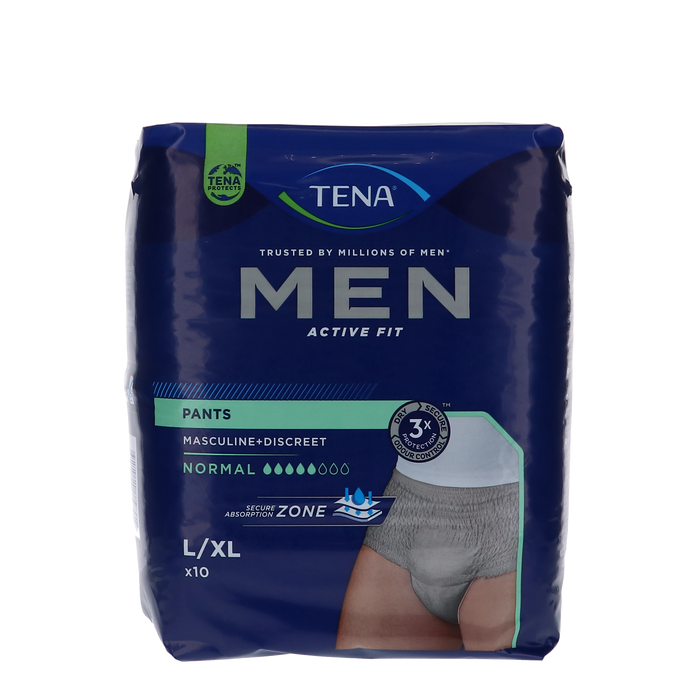 Incontinentiebroekjes voor mannen TENA Men Pants Normal, maat L/XL, elastisch en ademend materiaal, verpakking van 10 stuks.