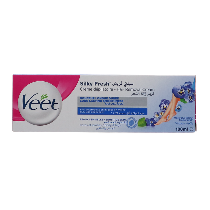 Veet Cream 100ml Sensitive voor zachte en effectieve ontharing, geschikt voor gevoelige huid met aloë vera en vitamine E.