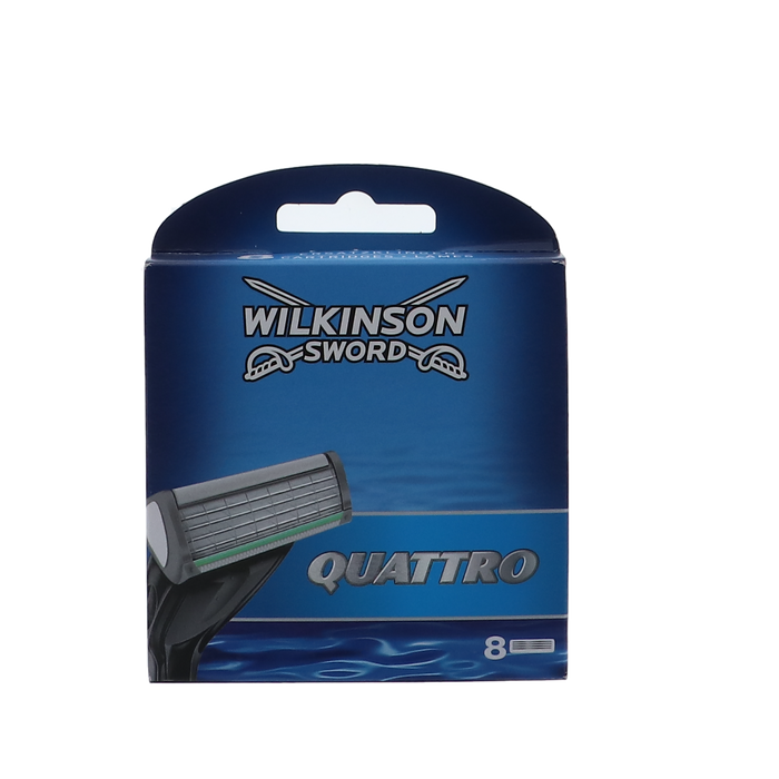 Afbeelding van Wilkinson Quattro Titanium 8-pak scheermesjes met titanium coating en aloë vera en vitamine E glijstrip.