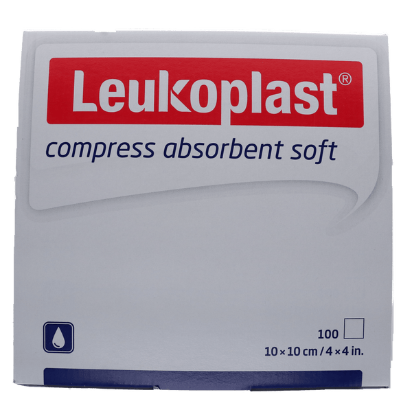 Afbeelding van Leukoplast niet-steriele, absorberende compressen, 10x10cm, verpakking van 100 stuks.