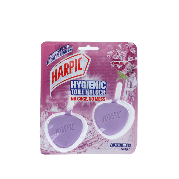 Harpic Toilet Block 40g Twin Pack Lavender met lavendelgeur, voorkomt kalkaanslag en biedt langdurige hygiëne tot 4 weken.