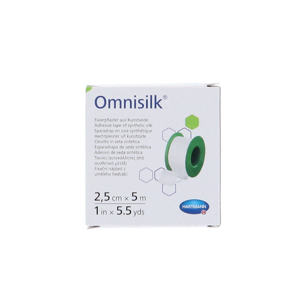 Omnisilk 2.5cmx5m medische tape, hypoallergeen, geschikt voor gevoelige huid, fixeren van verbanden en katheters.