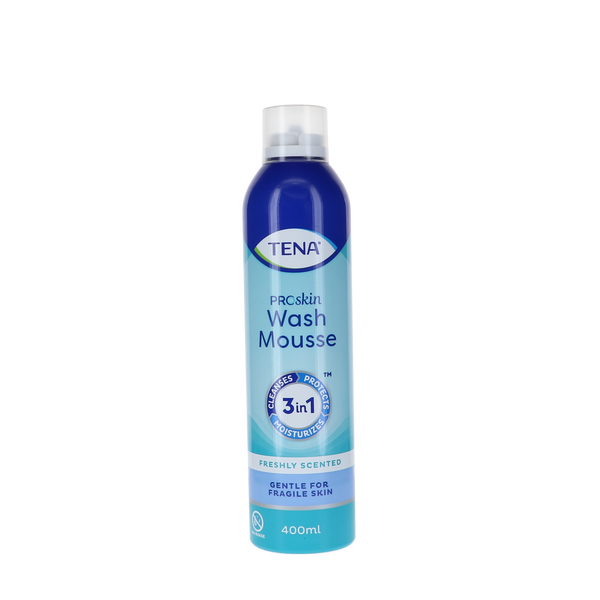 Afbeelding van Tena Wasmousse 400 ml fles, geschikt voor gevoelige huid, hypoallergeen en dermatologisch getest.