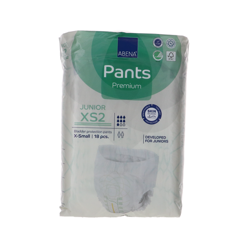 Abena Pants Premium XS2 Junior luiers, 1500 ml absorptie, 18 stuks verpakking voor kinderen met incontinentie.