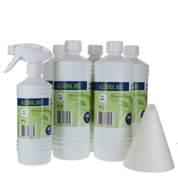 Voordeelverpakking Merbach Alcohol 80% 5 liter + 500 ml sprayflacon met gratis trechter voor desinfectie en reiniging.