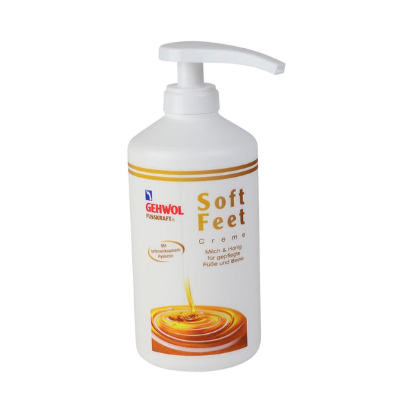 Afbeelding van Gehwol Fusskraft Soft Feet Crème 500ml met pompflacon voor zijdezachte en gehydrateerde voeten.