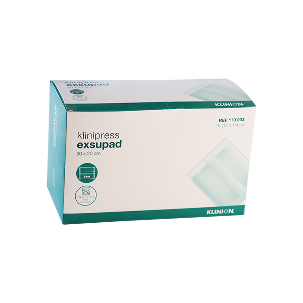 Afbeelding van Klinion Exsupad, absorberend wondkompres, steriel, 20 x 20 cm, verpakking van 15 stuks.