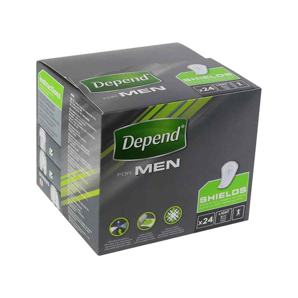 Afbeelding van Depend Shields For Men, 24 stuks, medische consumptieproducten voor mannen tegen urineverlies.