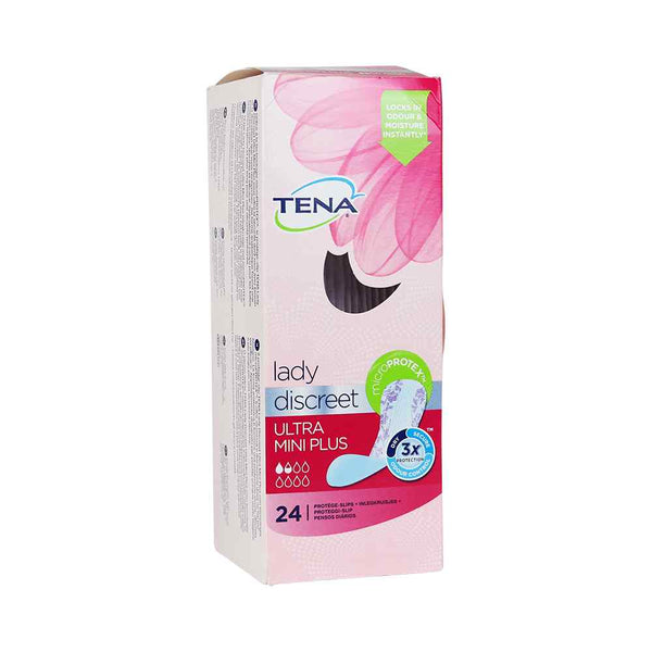 Afbeelding van TENA Discreet Ultra Mini Plus inlegkruisjes verpakking, 24 stuks