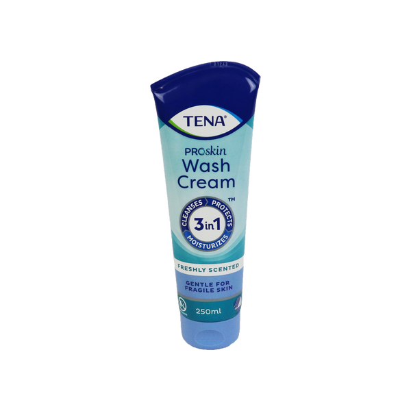 TENA ProSkin Wascrème 250 ml fles, milde reiniging voor gevoelige huid, ideaal voor incontinentiezorg.