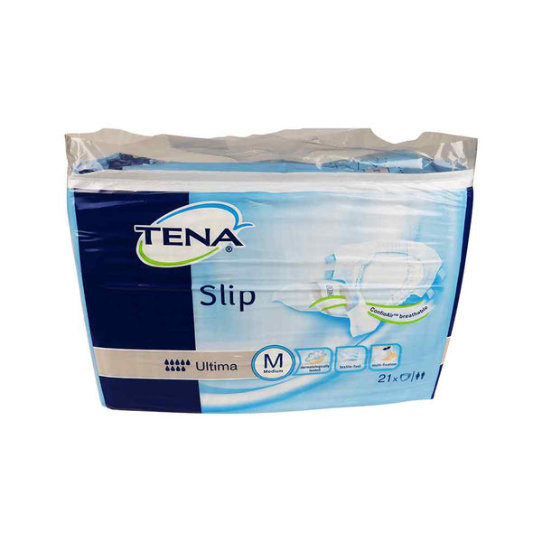 TENA Slip Ultima Breathable luiers, 21 stuks in verpakking, ontworpen voor zware incontinentie, merk Tena.