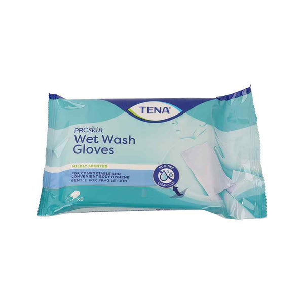 TENA Proskin Wet Wash Gloves Milde Geur, 8 stuks, hygiënische reiniging zonder water, geschikt voor gevoelige huid.