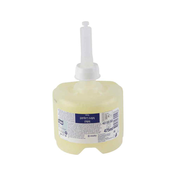 Afbeelding van Tork Milde Vloeibare Zeep S2 Premium in 8 flessen, geschikt voor gevoelige huid en dermatologisch getest.