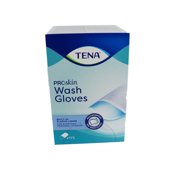 Witte TENA ProSkin Wash Glove met plastic voering, verpakking van 175 stuks, geschikt voor nat en droog gebruik.